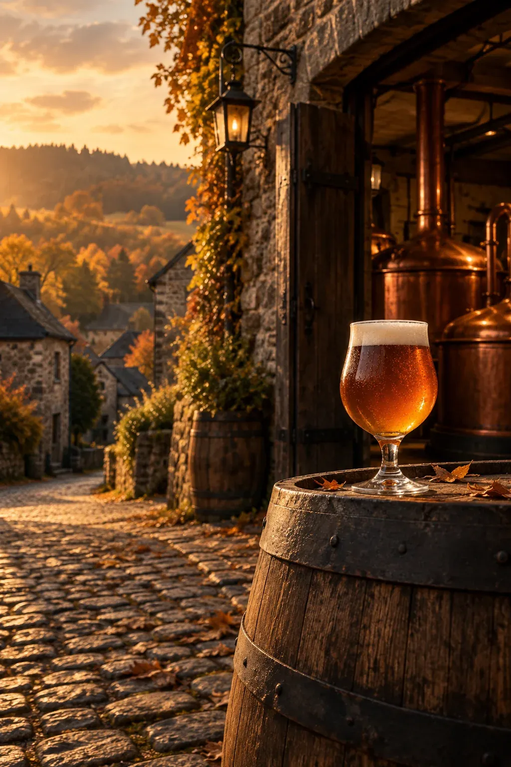 Scène d’ambiance imaginée d’un village brassicole des Ardennes.